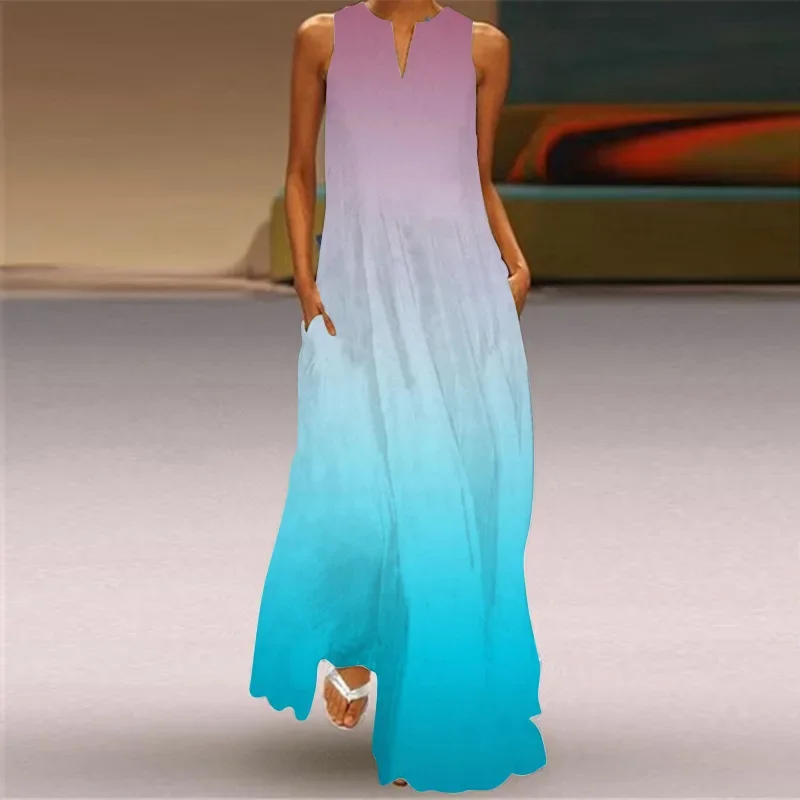 Summer Fashion Sexy Color Gradient Print Hollow Out V-neck Sleeveless Long Dress Loose Casual Party Evening Long Dress Women