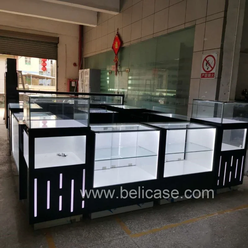 Custom, customized Mall Kiosk for Jewelry Wooden Jewelry Display Led Light Luxury Jewelry Kiosk for Mall