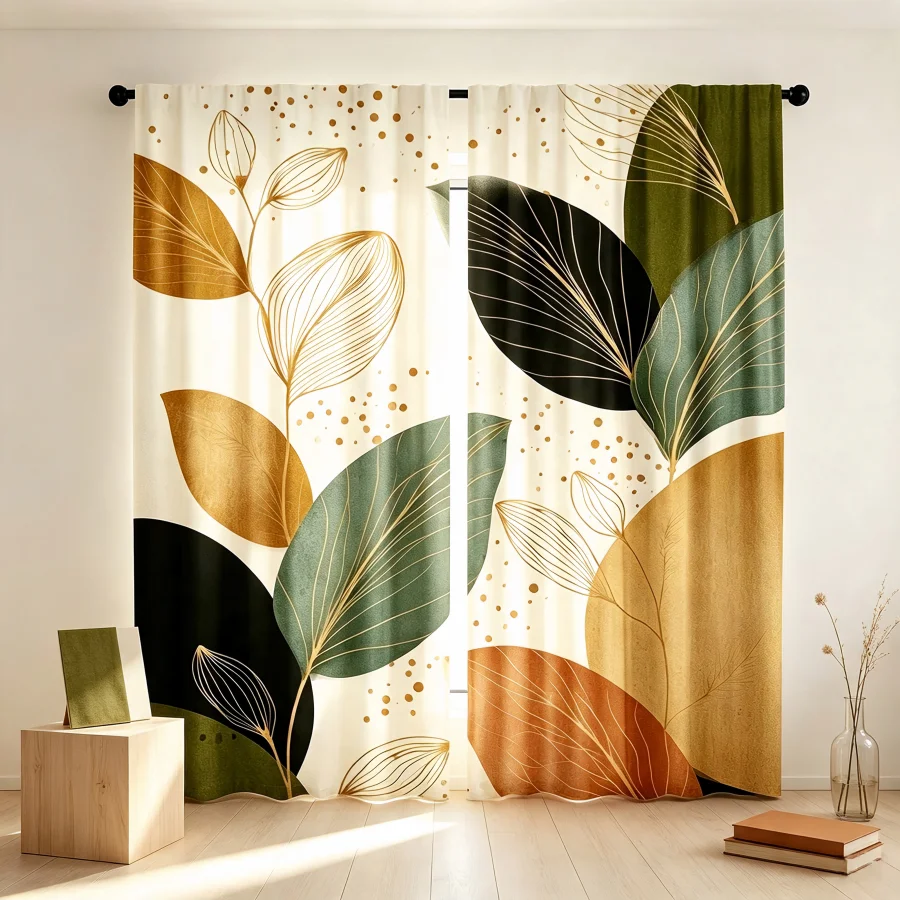 2PCS Digital Print Curtain, Abstract Gold Teal Leaves Gold Line Art, Modern Bohemian Style, for Living Room Bedroom Window Decor