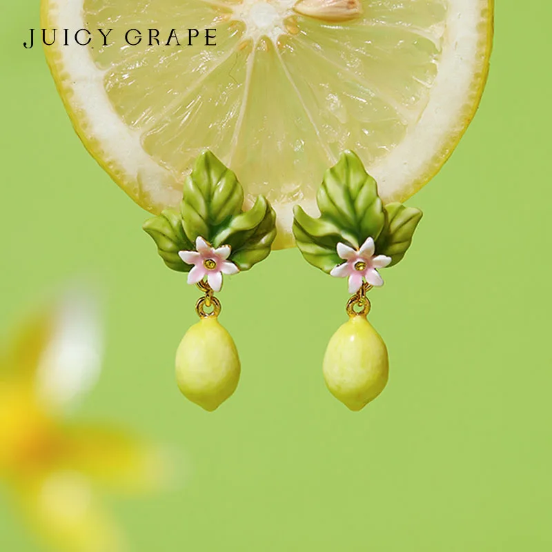 Juicy Grape Lemon Drop Earrings Handmade Enamelled Fruit Earrings 925 Silver Needle 18K Real Gold Plated Birthday Gifts