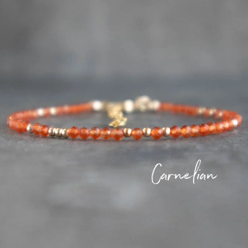 

Dainty Carnelian Bracelet in Gold & Sterling Silver, Orange Carnelian Jewelry, Gemstone Adjustable Handmade Bracelet for Women