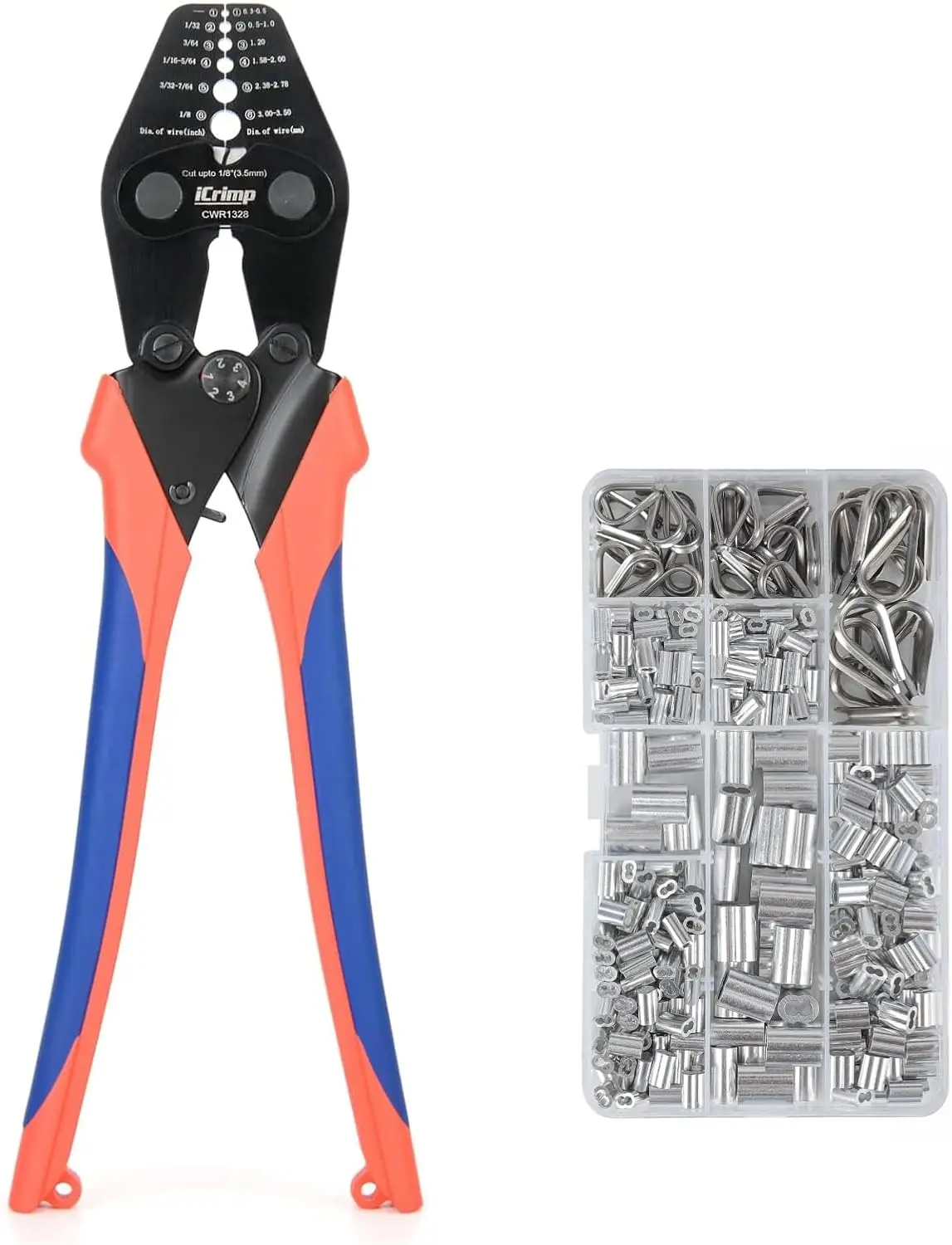Wire Rope Crimping Tool Kit with Built-in Cutter, 330pcs Sleeves & 45pcs Thimbles for 1/32" to 1/8"