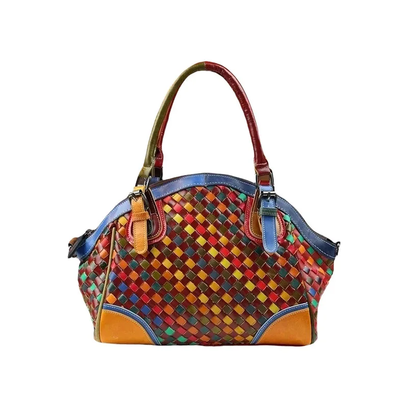 

Красочная вязаная сумка из натуральной кожи, винтажная большая сумка из коровьей кожи, модные женские сумки на плечо или через плечо