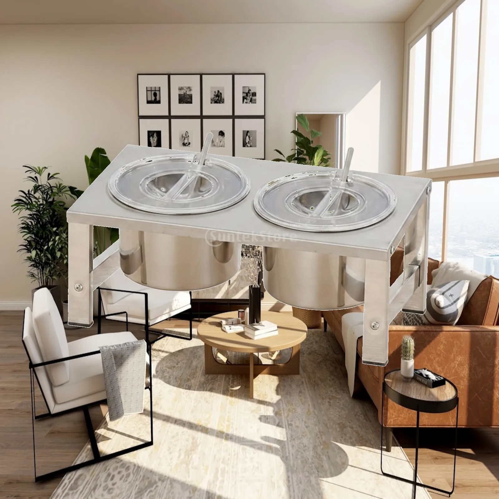 Two Tier Slanted Condiment Rack with Stainless Steel Bowls for Coffee Shop Breakfast Bar Syrup and Sauce Holder
