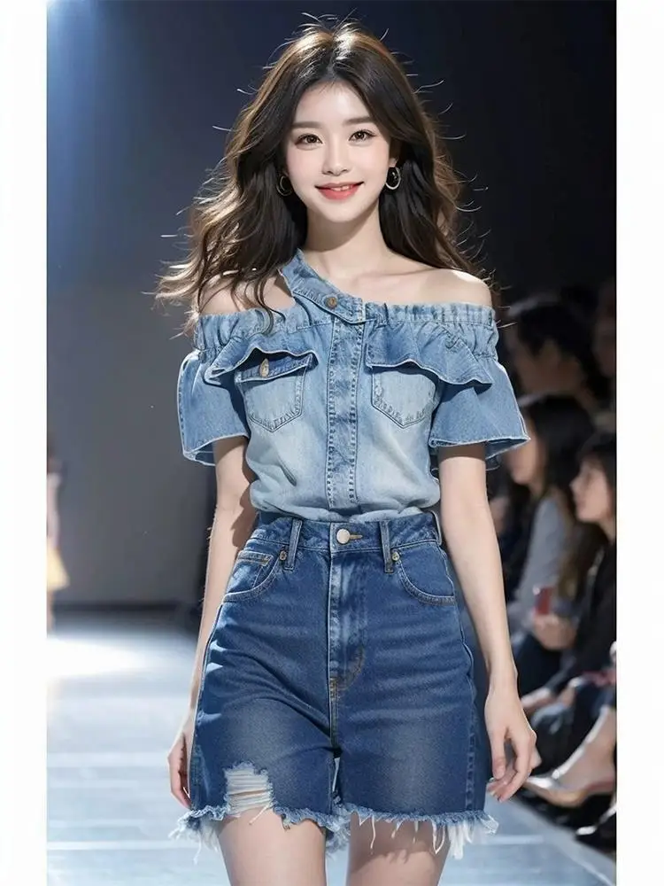 Setelan dua potong Denim Korea kemeja celana pendek lengan pendek Denim dengan desain baru musim panas blus wanita kemeja biru perempuan