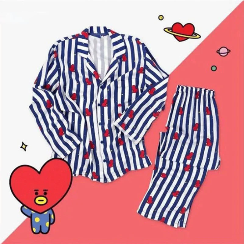 Women Pajamas Striped Spring Summer Cartoon Print Sleepwear Kawaii Cute Nightwear Loungewear Clothing Sets Comfortable Home Wear