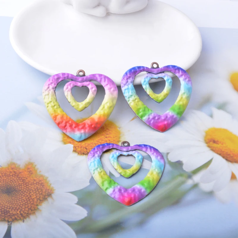 8 Stück/Set Sommer-Stil Eisen Regenbogenfarben Geometrie Herz Runde Anhänger Schmuckzubehör Bemalte Ohranhänger Damen DIY Accessoires – Detail 9