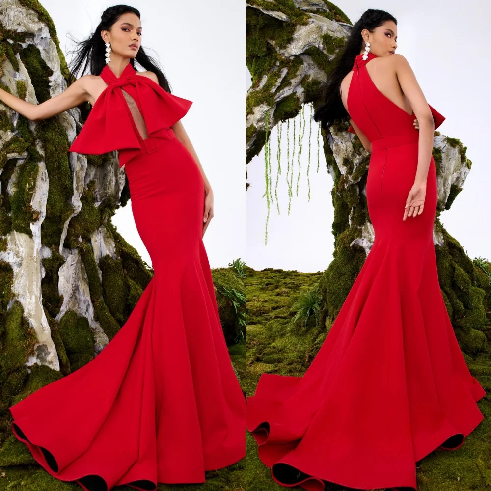 

Customized High Quality Jersey Pleat Bow Mermaid Halter Long Dresses Bespoke Occasion Matching Exquisite