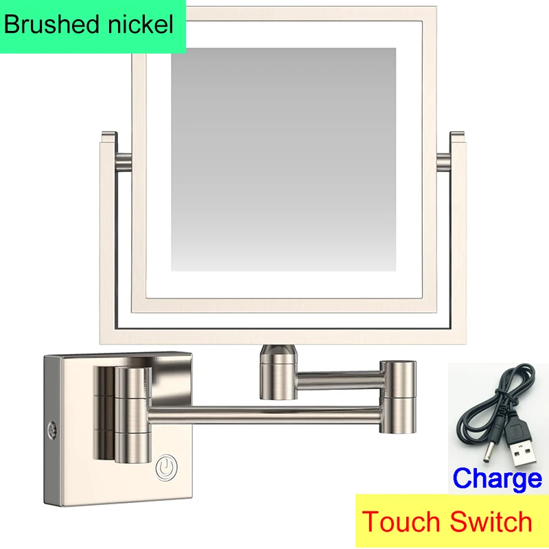 Square Touch Led opvouwbare badkamerspiegel 3x vergrotende badkamer make-upspiegels Accessoires Wandmontage Touch on badspiegels