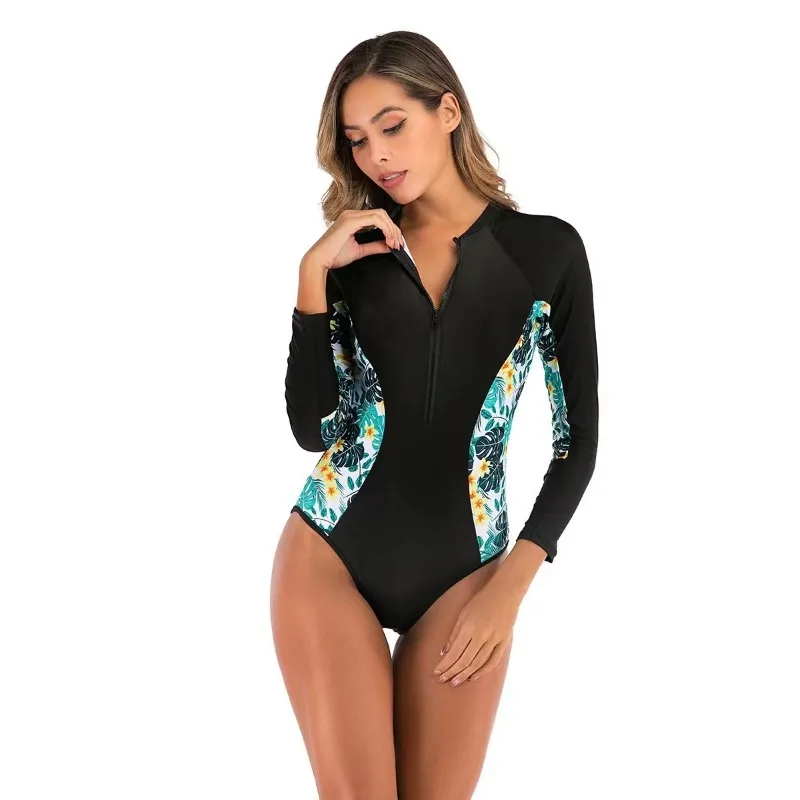 Solid Color One-Piece Swimsuit Long Sleeve Swimwear Sports Women's Swimming Bathing Suit Beach Bather Surfing Swim Wear image 2