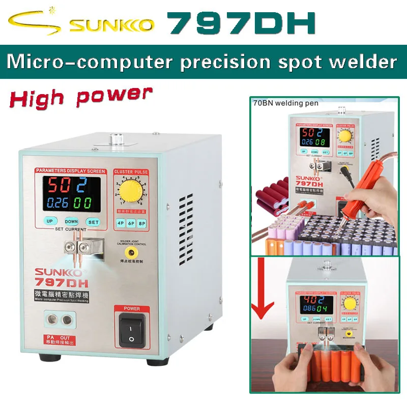 Soldador por puntos de batería SUNKKO 797DH para baterías de iones de litio de 0,3 mm con pluma de soldadura HB-70B
