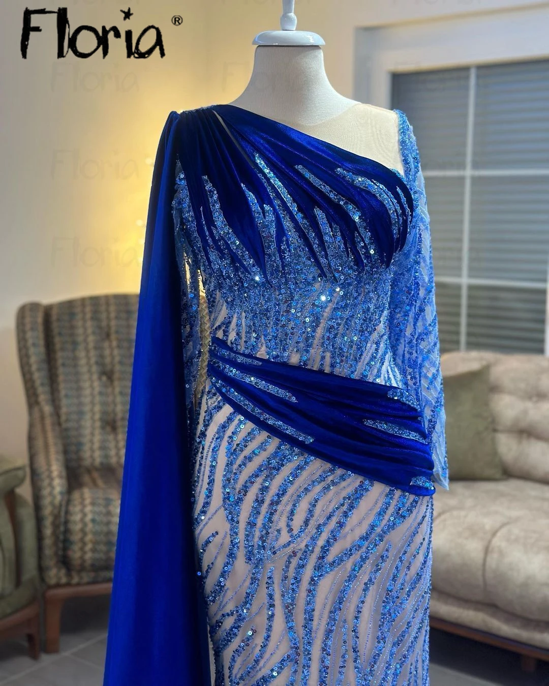 Robe de soirée bleu royal à manches longues pour femmes, robes de Rhde grande taille, cape de Dubaï, fête de mariage, une initiée, haute qualité