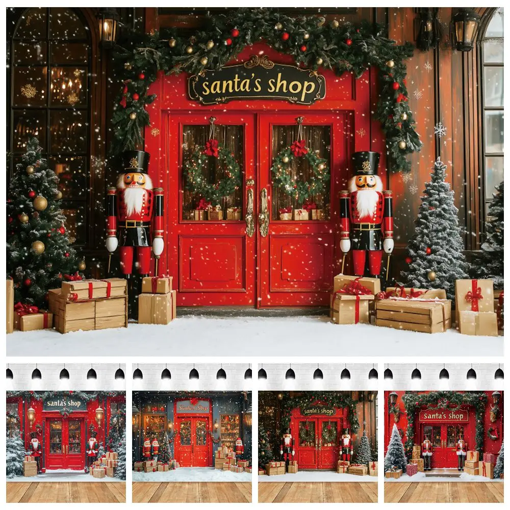 Christmas Red Santa's Shop Backdrop Nutcracker Soldier Xmas Tree Gifts Kids Art Xmas Portrait Photography Background Photostudio