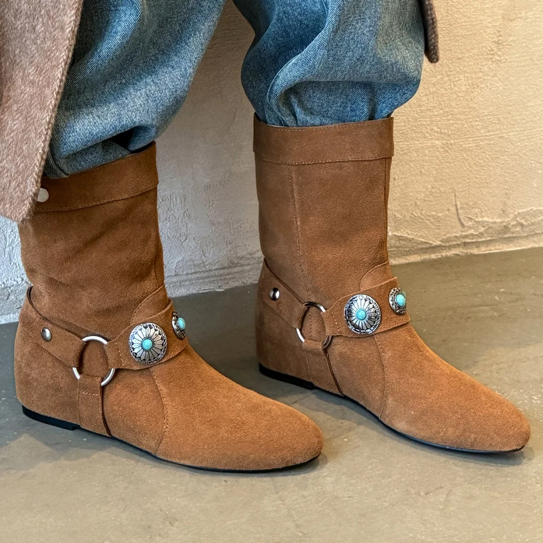 

Women's natural suede leather ankle strap slip-on autumn ankle boots 4cm wedge med heel casual female short booties shoes woman