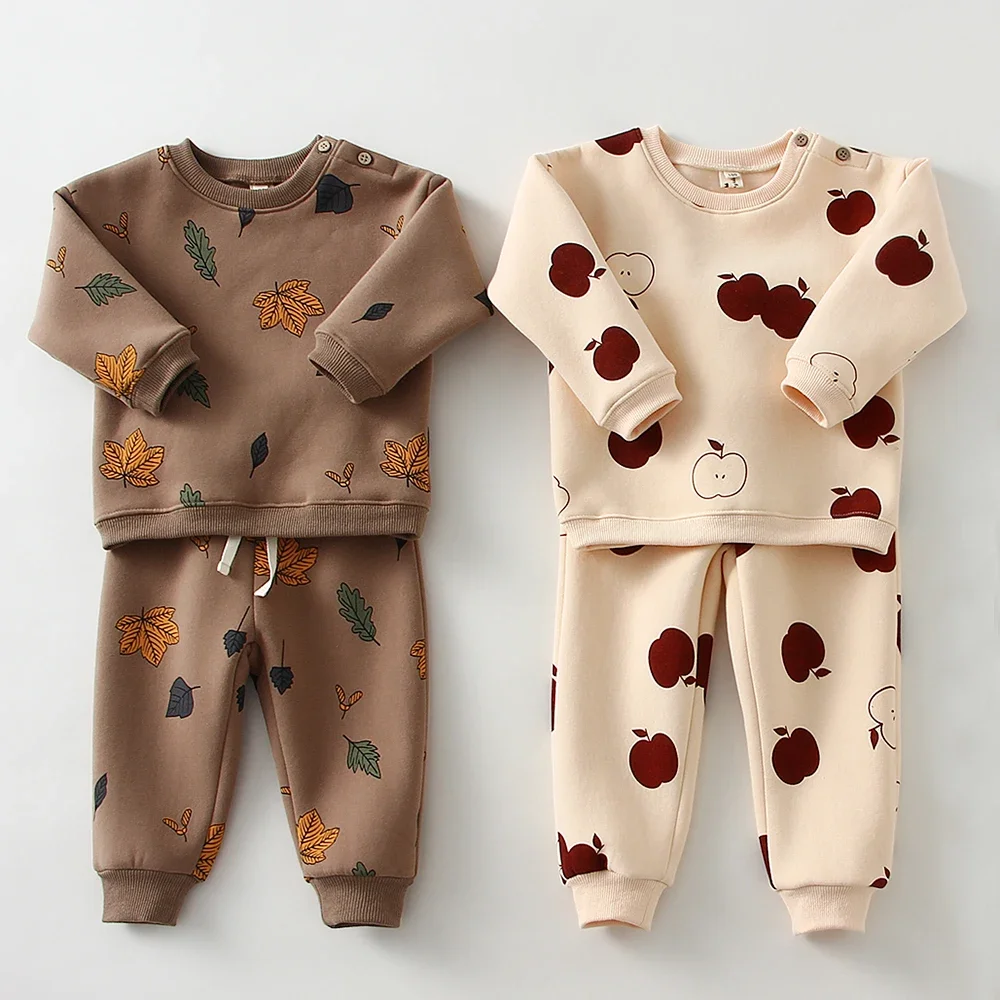 Thicken Printed Baby Outfits Autumn Winter Fleece Sweatshirt Top + Pants 2Pcs Toddler Boys Girl Clothes Sets