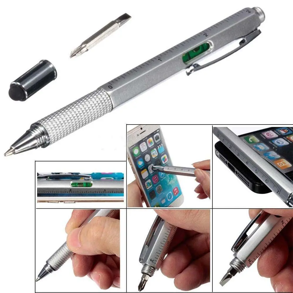 6 in 1 With Scale Capaciative pen Gadget Level Meter Ballpoint Pen Cross Screwdriver Flat-blade Screwdriver Replacement refill