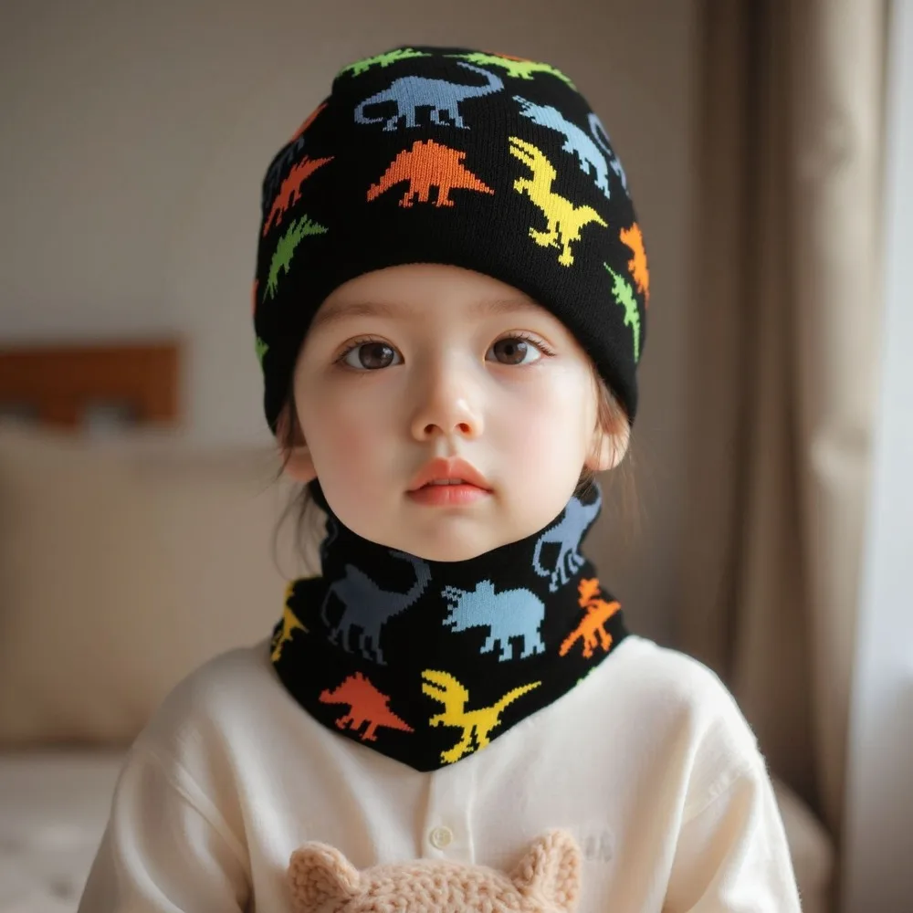 かわいい恐竜のニットベビー帽子とスカーフのセット、漫画の恐竜柄、冬用暖かい男の子女の子用ビーニー、フリース裏地付き幼児キッズ帽子、男の子女の子用