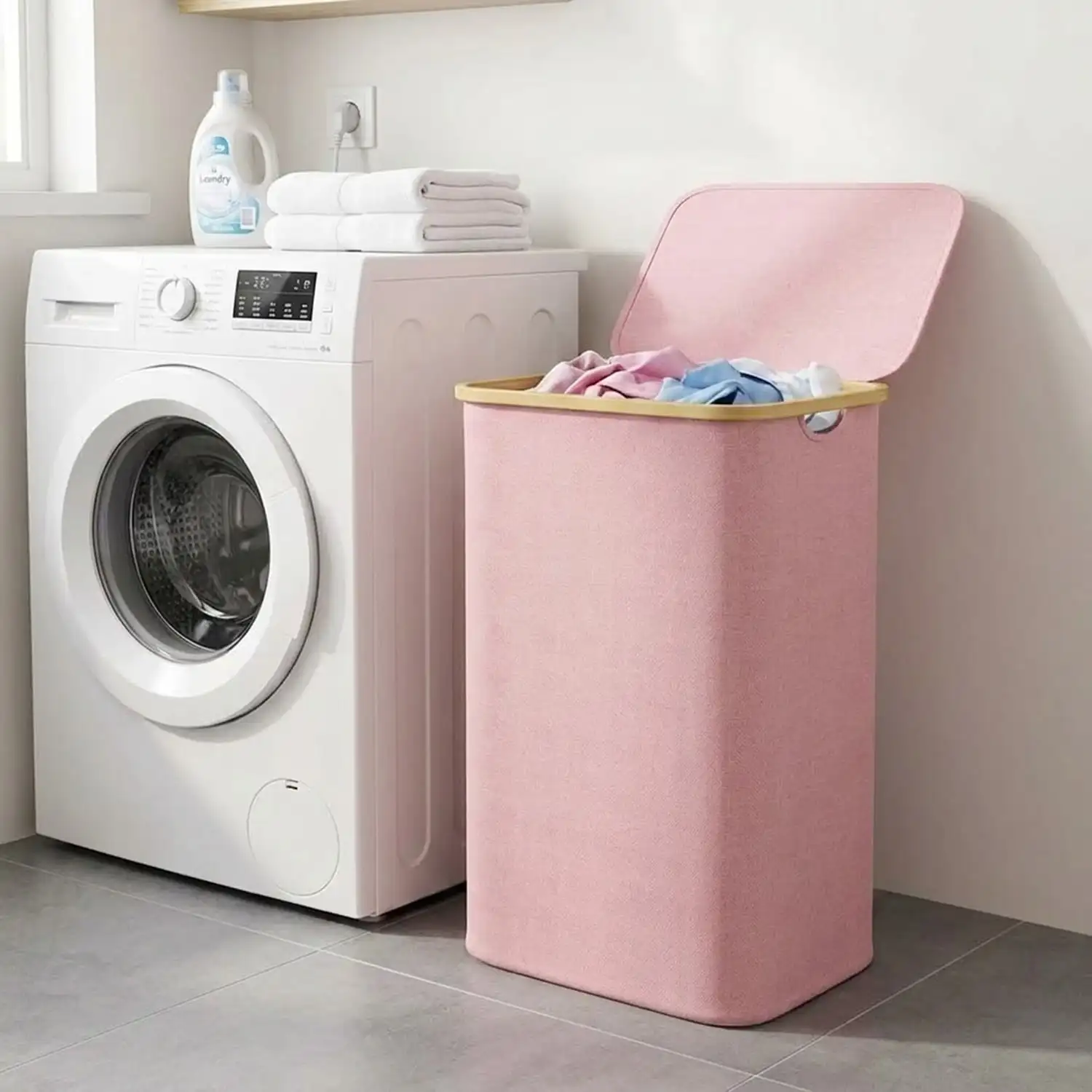 110L Laundry Hamper with Lid, Bamboo Frame Oxford Fabric Storage Basket, Heavy Duty, for College Dorm Bedroom