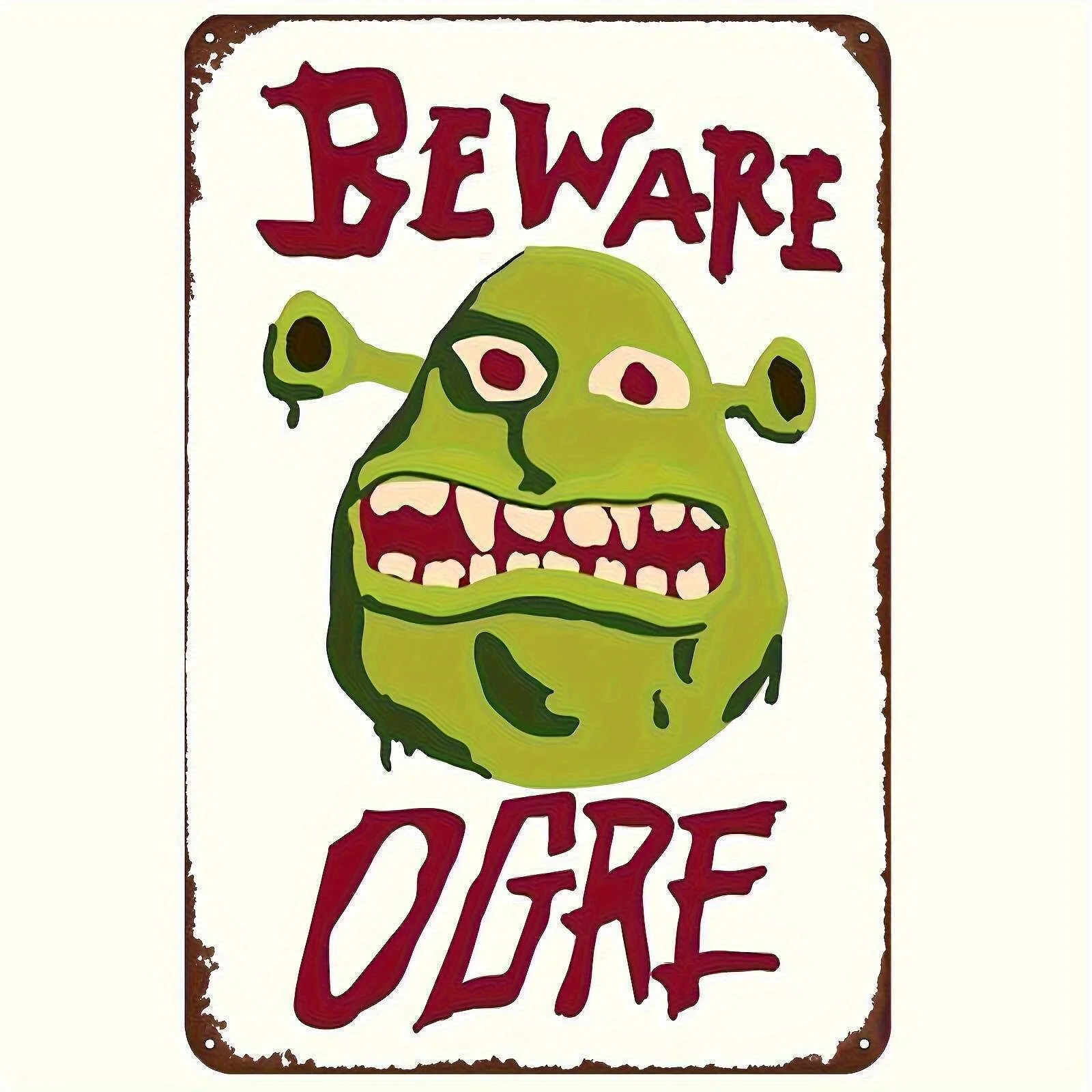 Shrek Beware Ogre Metal Tin Sign - Vintage Retro Art Deco Wall Decor with Distressed Edges, Durable Iron  Indoor/Outdoor Nove