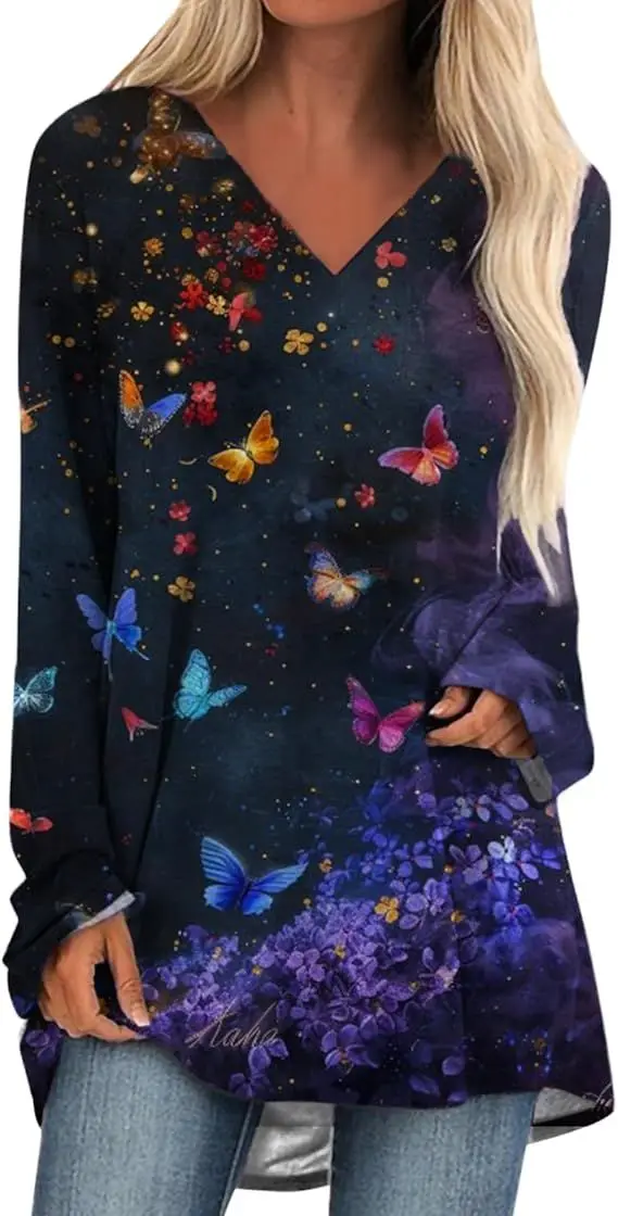 

Long Sleeve Shirts for Women Trendy V Neck Casual Loose Tunic Tops Plus Size Print Comfy Fall Winter Blouses