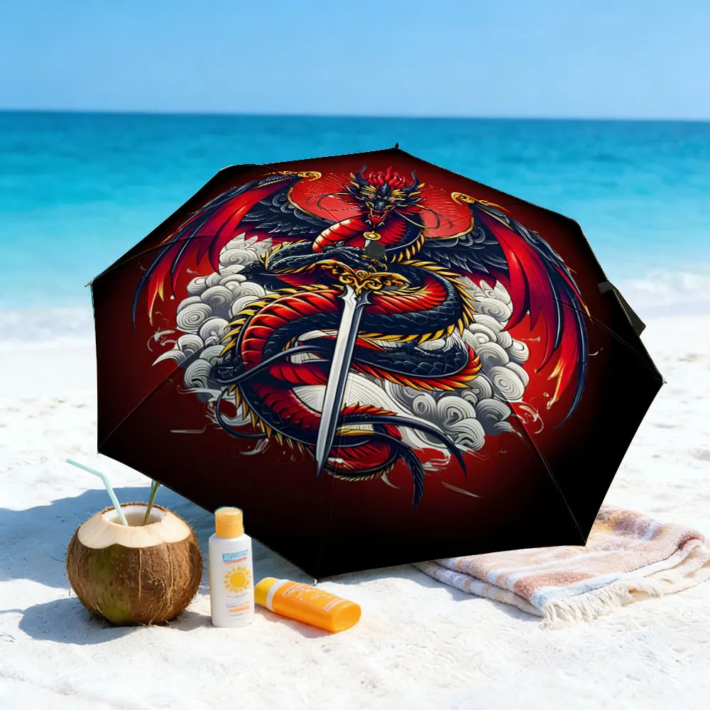 1PC Dragon and Sword Umbrella on a Picnic by the Lake Print 8 Iron Ribs Folding Umbrella Auto-Open Fashion Sunshade