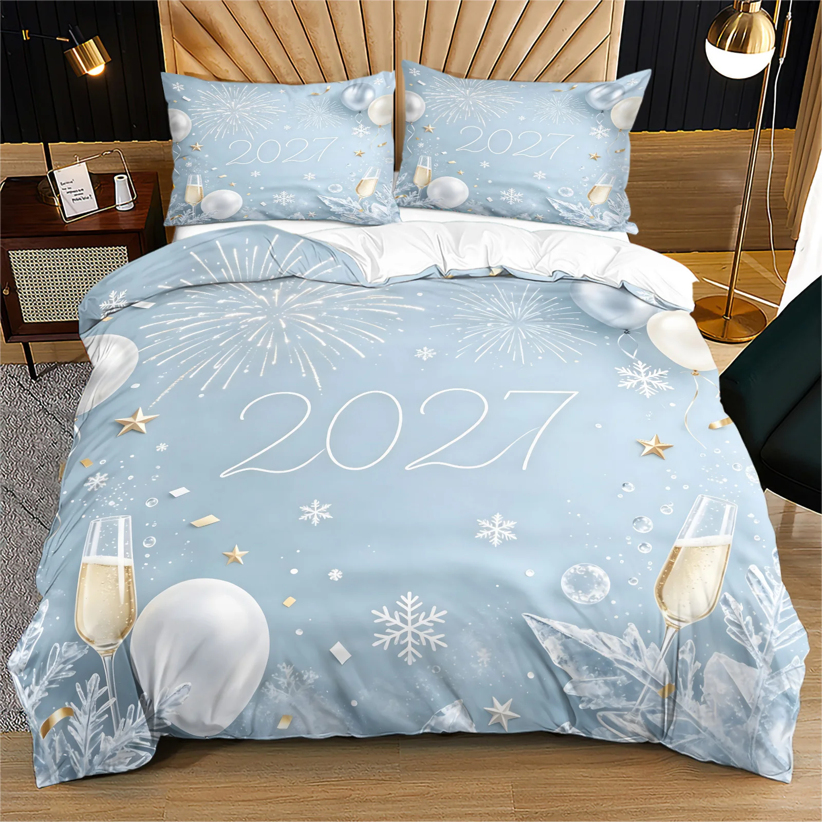 2027 New Year Duvet Cover Set Light Blue Firework Snowflake Balloon Print Bedding Set Quilt Cover with Pillowcase Holiday Decor