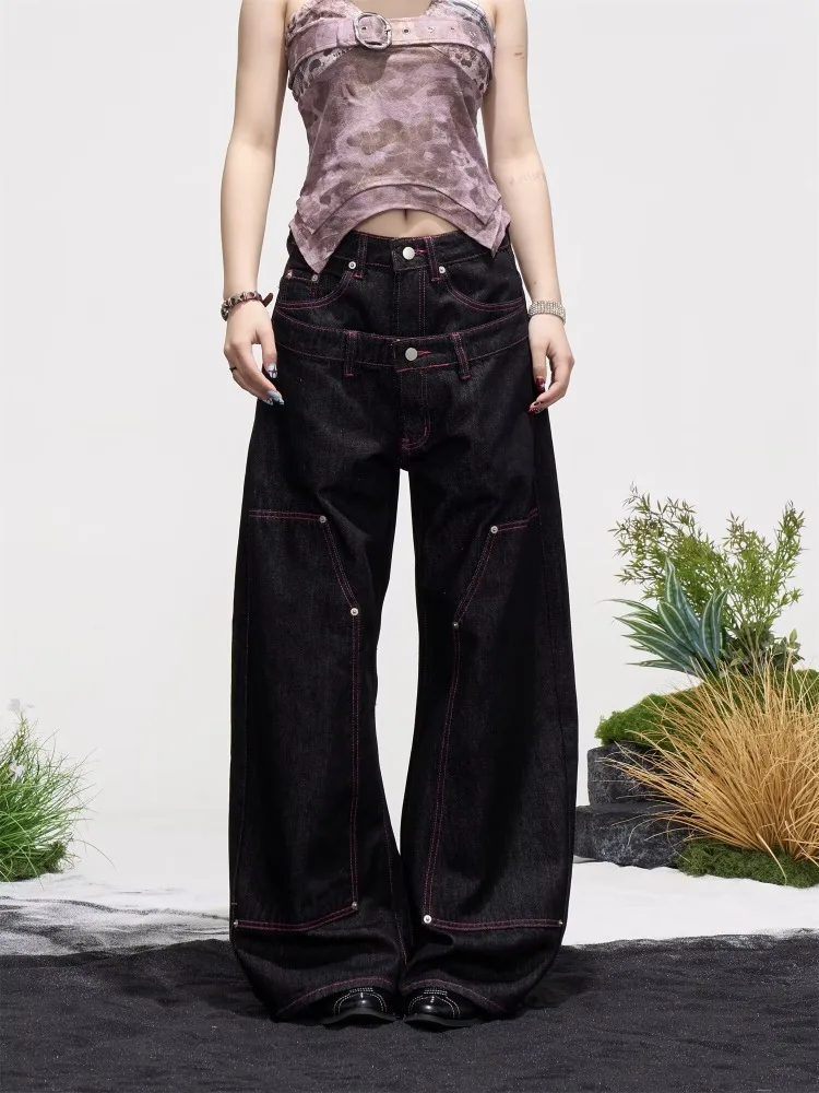 Women's Double Waist Design Jeans 90s Cool Girl Bottoms Baggy Trousers Wide-leg Unisex Pants Female High Waist Sweatpants