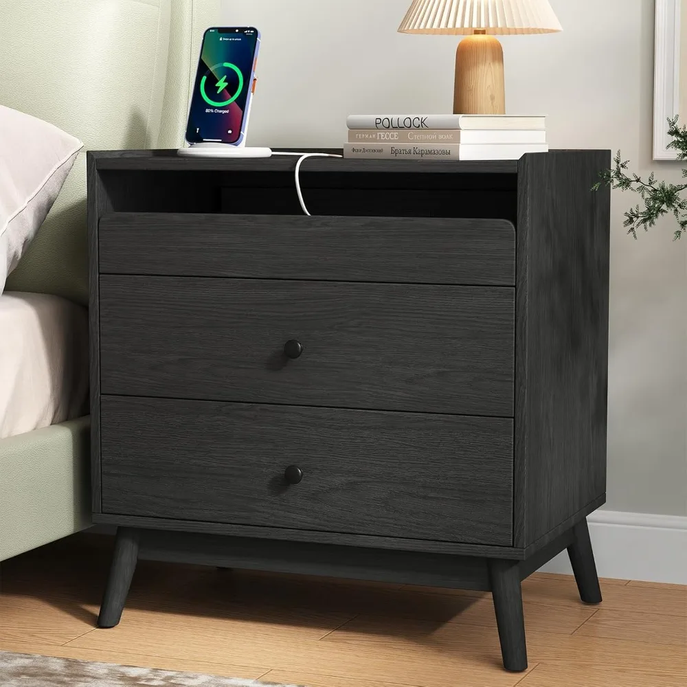 

Nightstand with Charging Station, 24" Wide Night Stand with 3 Drawers, Wood Bedroom Nightstand for Bedroom