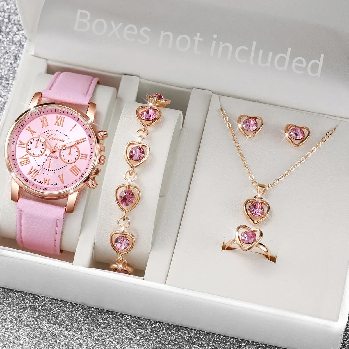 AAA5Pcs Pink Heart Crystal Watch Jewelry Set Women Roman Dial Leather Chronograph Quartz Wristwatch Matching Heart Jewelry Gift
