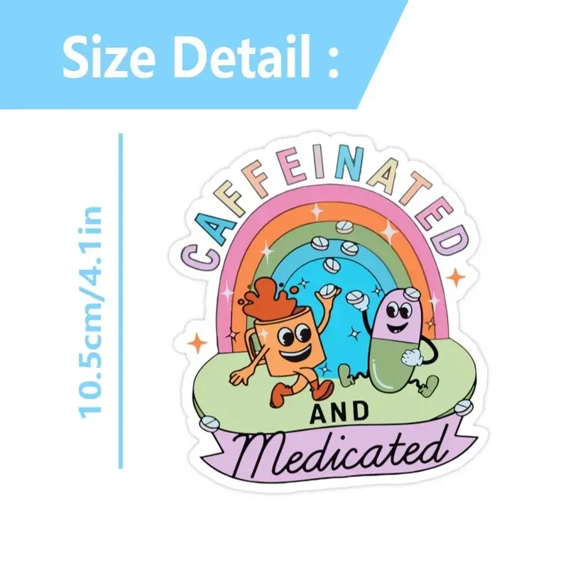 1PC Whimsical Coffee & Pill Cartoon Vinyl Decal - Caffeine Boost Vibe for Laptops/Water Bottles/Phone Cases/Desk Organizers