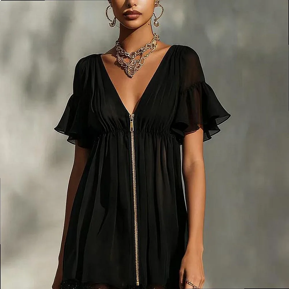 Fashion V Neck Zipper Lace Patchwork Dress, Summer Casual Knit Cardigan Dresses for Women