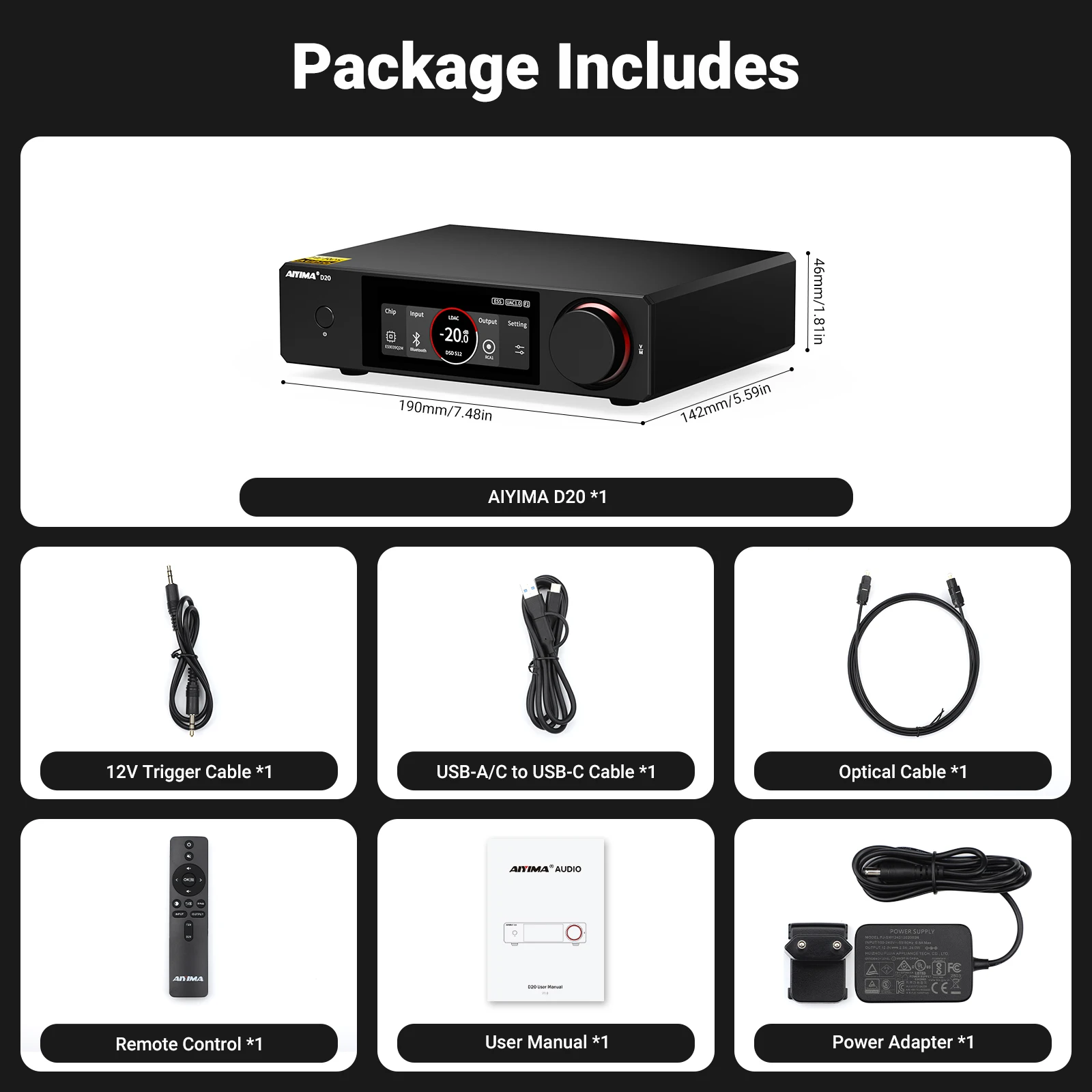 AIYIMA D20 HiFi DAC Decoder AK4493SEQ ES9039Q2M XMOS XU316 USB DSD512 Bluetooth 5.1 LDAC RCA XLR Audio Converter VU-meter