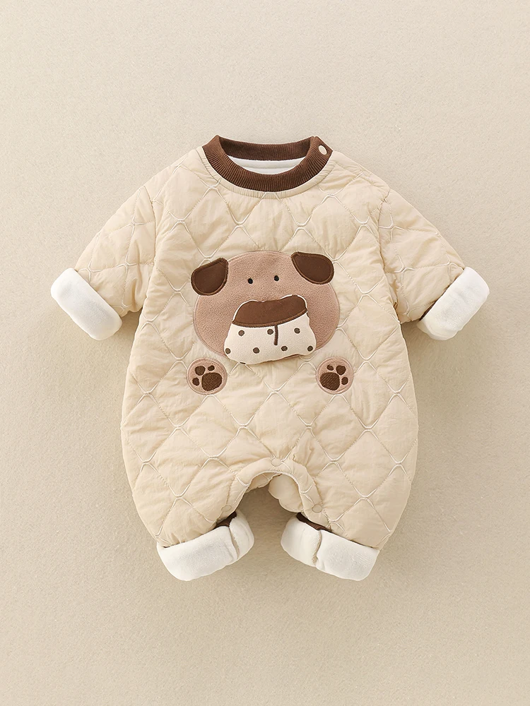 

Adorable Baby Outfit Fce Lined Thin Cotton Onesie for Newborns Autumn Winter Cartoon Print Warm Clothes for Cling Babies