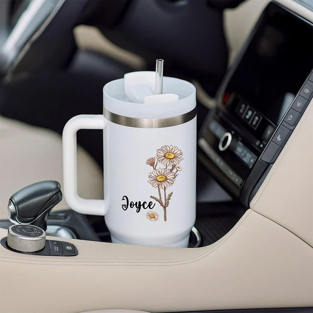 Personalized Birthday Floral Tumbler Custom Engraved Handle Cup BFF Gift Travel Mug Stylish Flower Pattern Gift for Girlfriend
