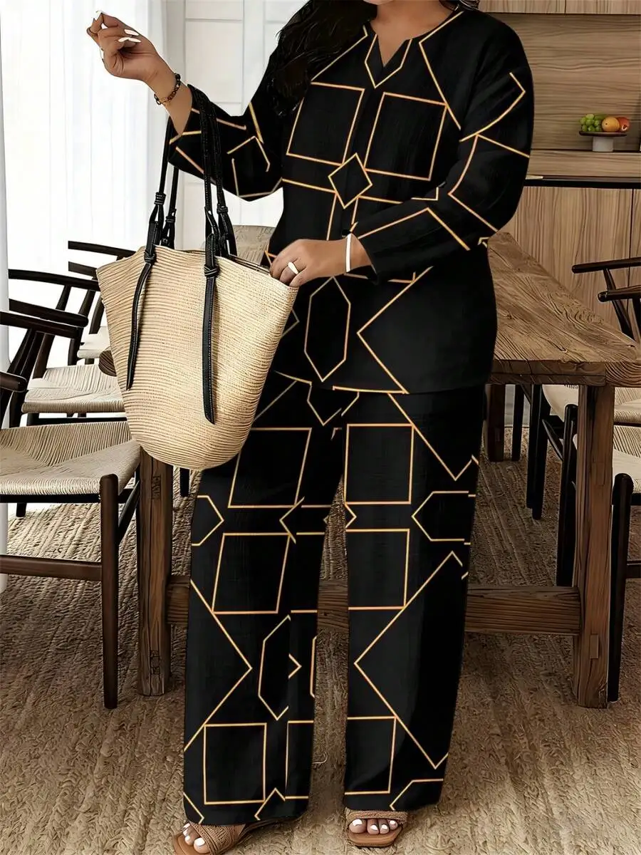 

Black And Gold Geometric Pattern Loose Fit Two Piece Set For Women Comfortable Casual Wear Spring Autumn Summer