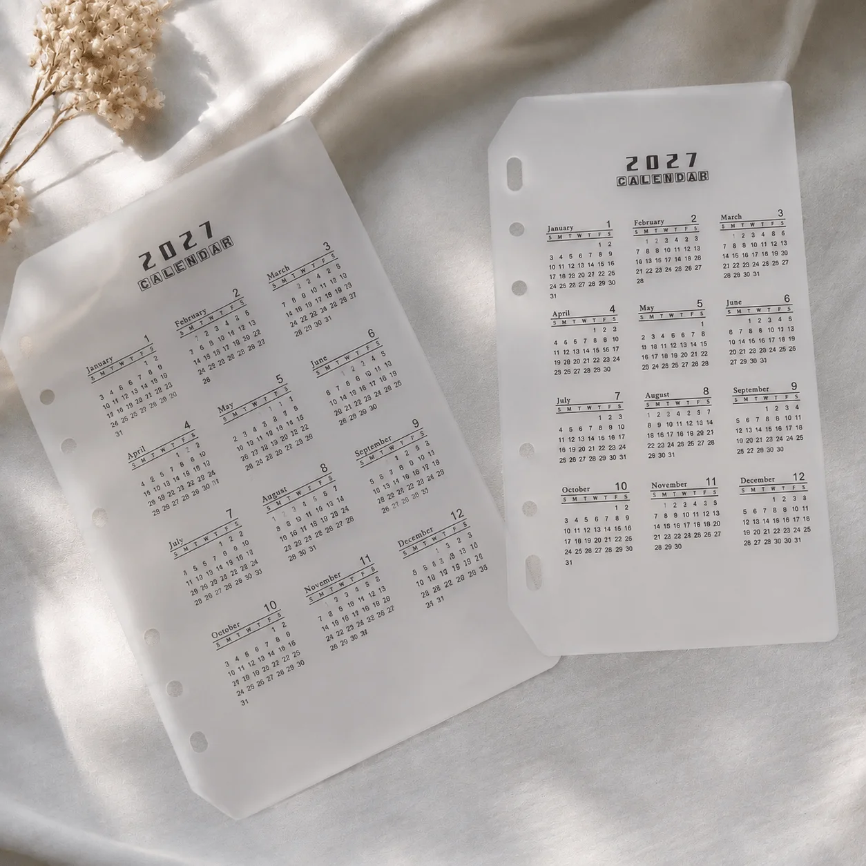 2pcs 2027 Year Calendar Divider Page, Transparent Yearly Calendar Insert for Discbound Notebook Planner Journal Stationery