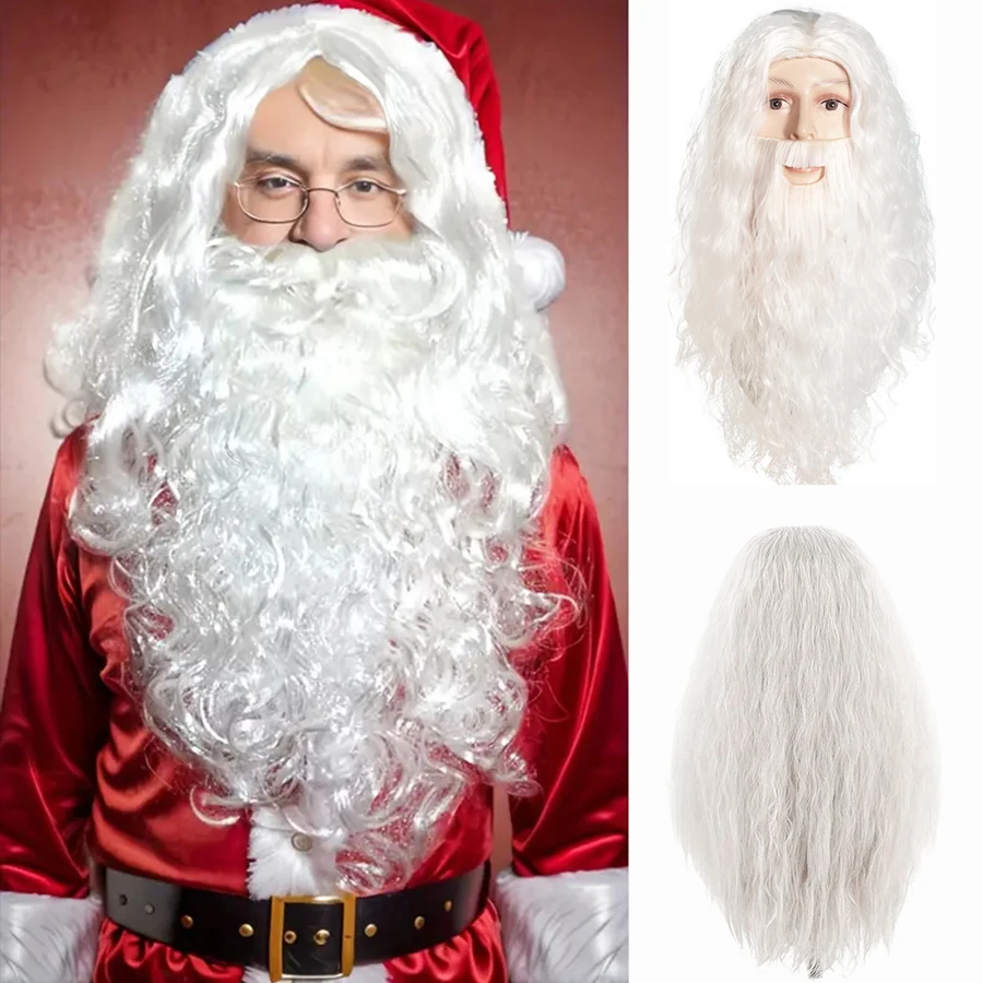 Santa Claus Wig, 20-Inch White Beard Synthetic Fiber, Heat Resistant Polyester, Funky Style, Men's Costume Accessory