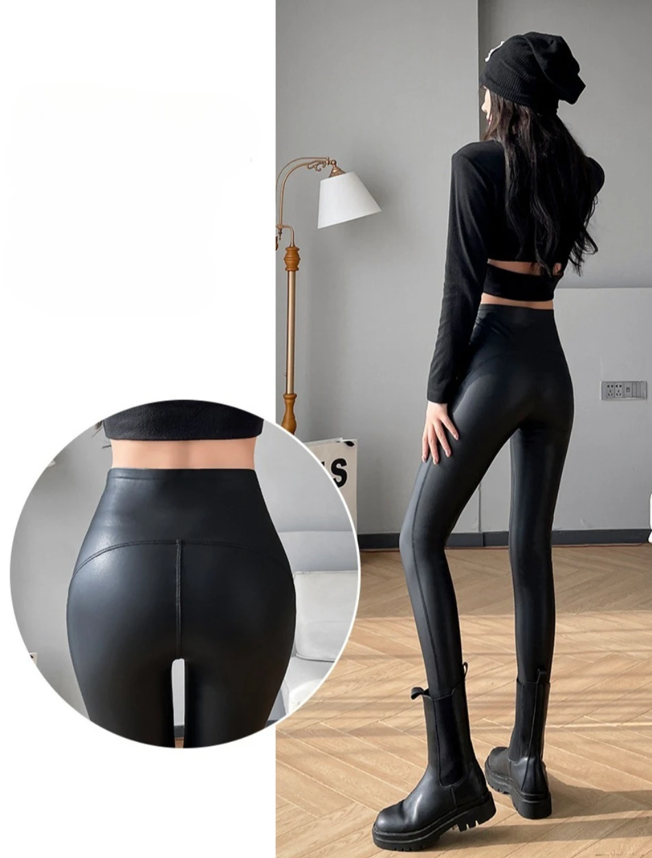 Herbst Winter Damen High Waist Tights Stretch Weiche Dünne Fleece Leggings Sexy Schlankmachende PU-Lederhosen Modische Damenkleidung – Detail 11
