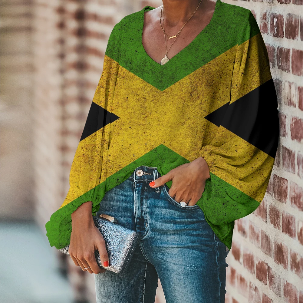 

Blusa Feminina Plus Size Tops Women Blouse Cute Jamaica Flag Print Casual Loose Long Sleeve Sexy Summer Shirts Vogue V-Neck 2023