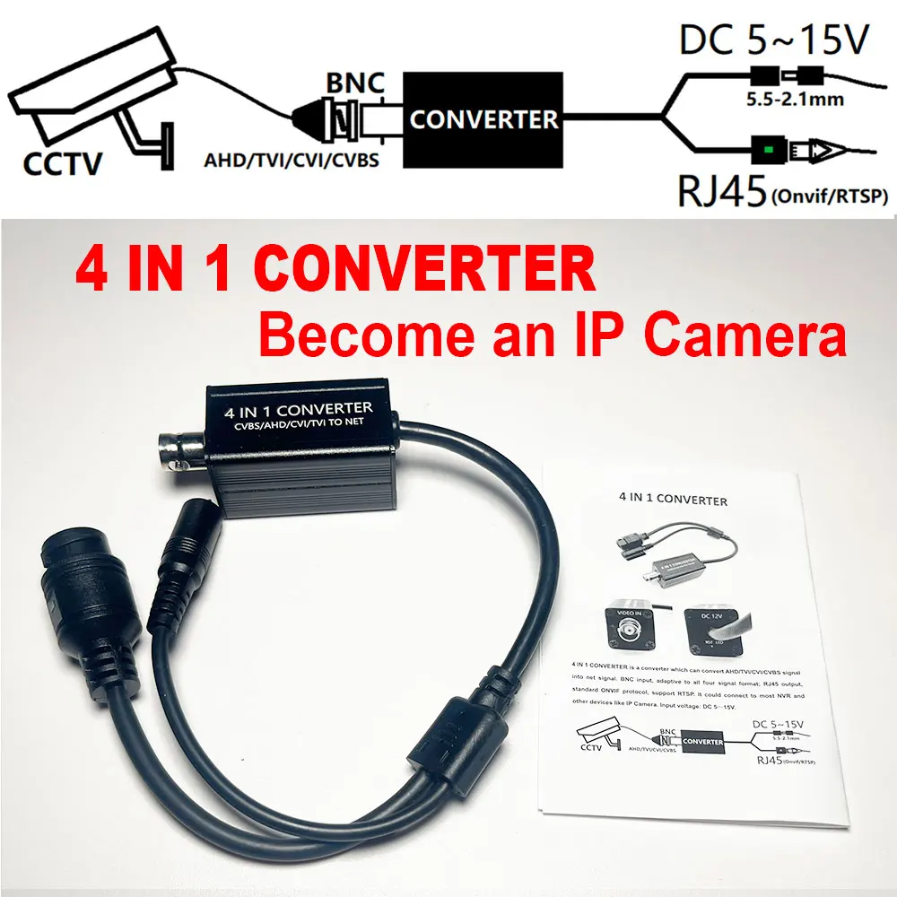 CCTV 1080P AHD CVI TVI CVBS Sicherheitsüberwachungs-Videokamera, Mini-Kamera, die sich in ein IP-Kamera-CCTV-System verwandeln lässt, 4-in-1-Konverter