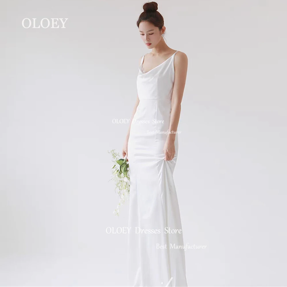 

OLOEY Simple Ivory Satin Wedding Dress Korea Photoshoot Spaghetti Straps Floor Length Mermaid Bridal Gown Pleats Formal Gown