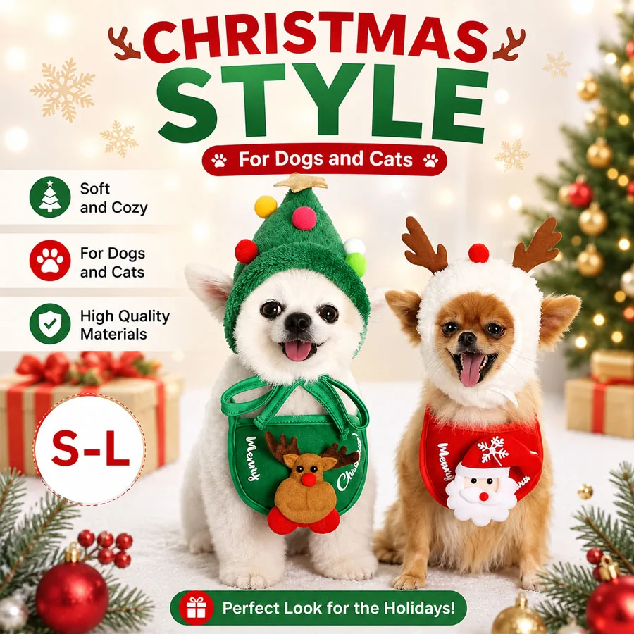 Christmas Holiday Pet Outfit Set, Hat Bib Bandana Santa Elk Pattern Soft with Ear Holes Multiple Styles Colors
