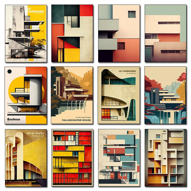 Minimalist Fallingwater House Bauhaus Classic Architecture Abstract Poster Canvas Painting Wall Art Pictures Living Home Deco