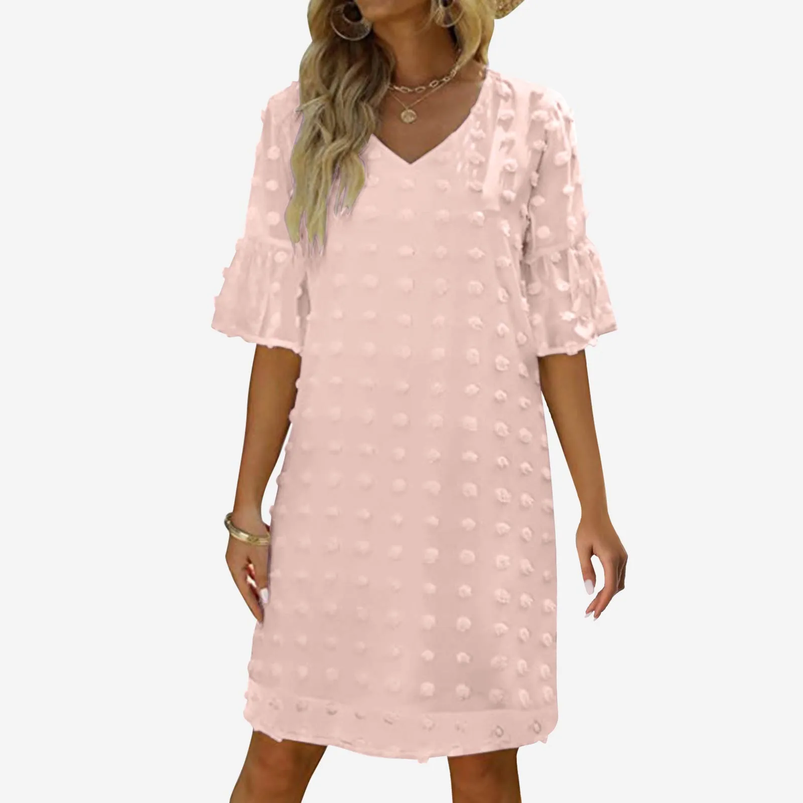 Plus Size Dresses For Curvy Women Solid Color Short Sleeve V Neck Straight Loose Dresses Medium Length Summer Vacation Dresses