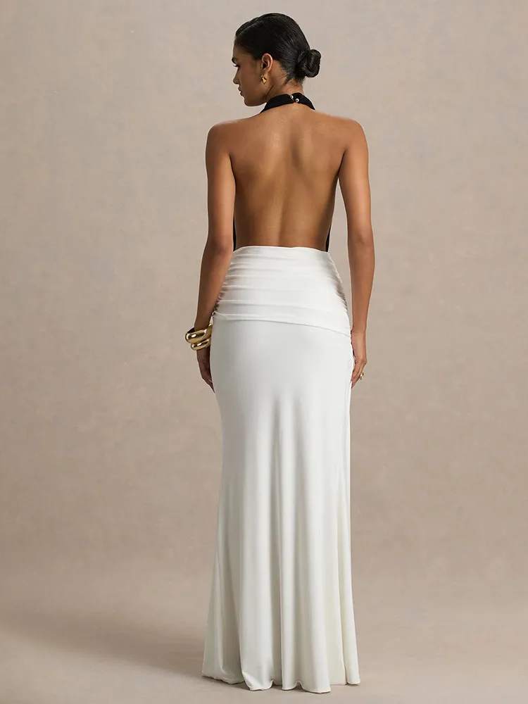 XIAOTANG Backless Patchwork Sexy Dress 2025 Autumn Halter Neck Split Bodycon Maxi Dress Elegant Party Evening Dresses for Women