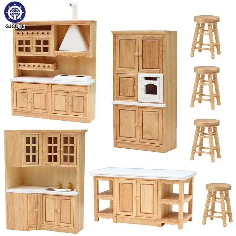 

1Set 1:12 Dollhouse Miniature Kitchen Furniture Sink Cabinet Stove Cabinet Cupboard Cooking Table Stool Model Decor Toy