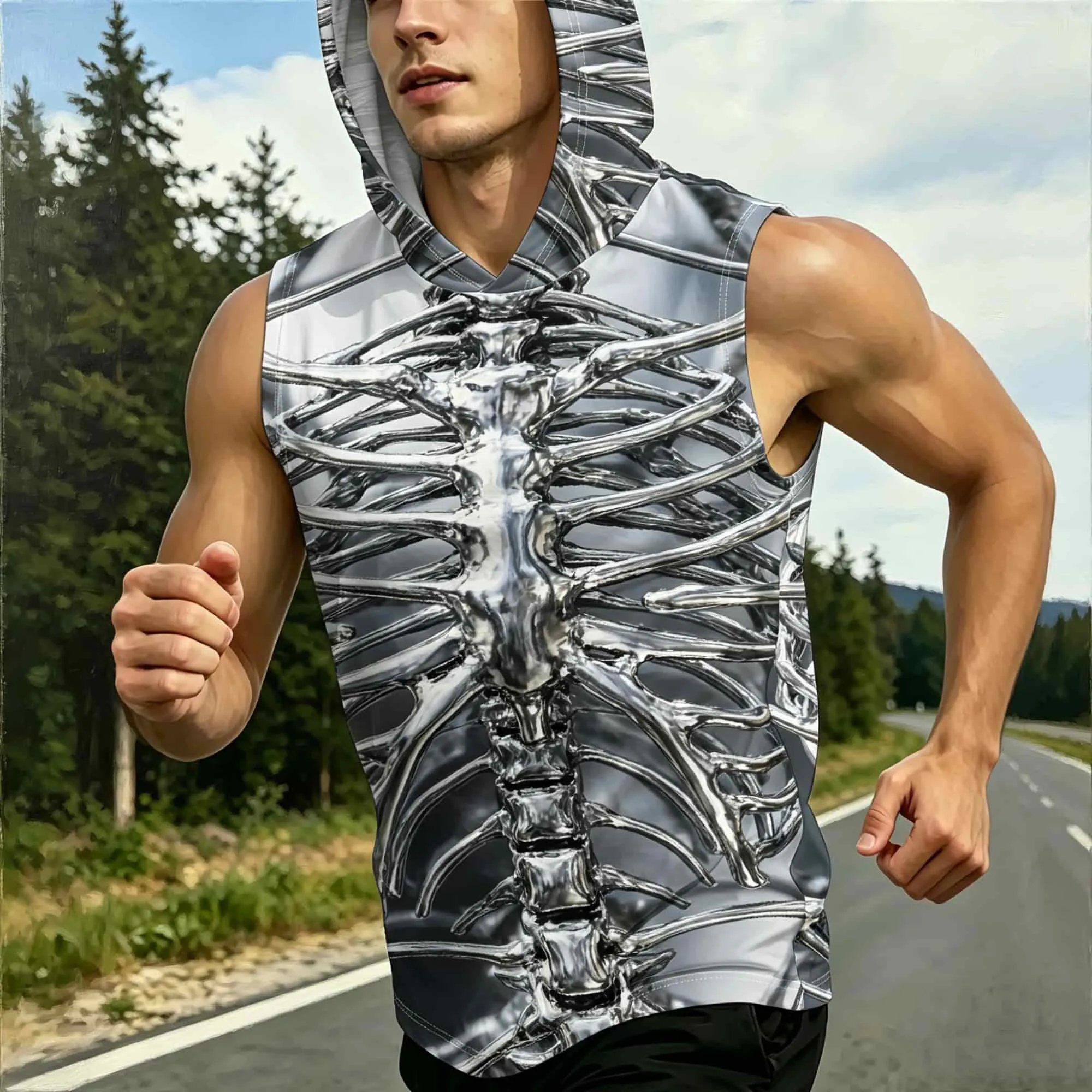 3D Metallic Skeleton Print Hooded Sleeveless Tank Top for Men, Gym Running Graphic Casual Summer Outfit