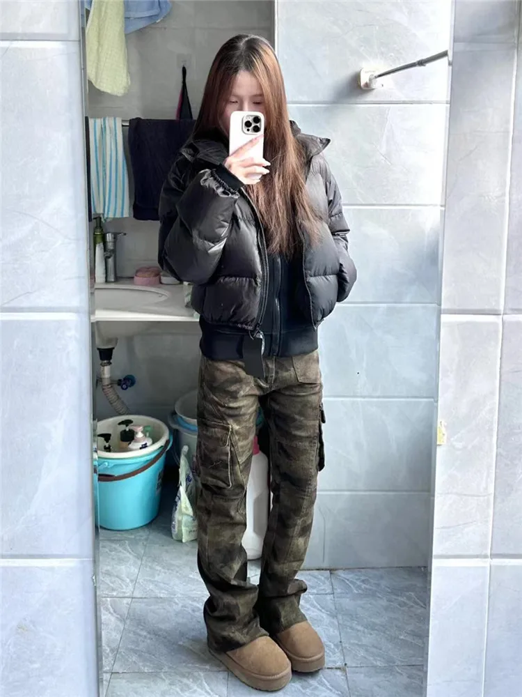 

Американские ретро-джинсы с низкой посадкой, камуфляжные, расклешенные, женские, утягивающие, длинные, с множеством карманов, в рабочем стиле, повседневные, зимние