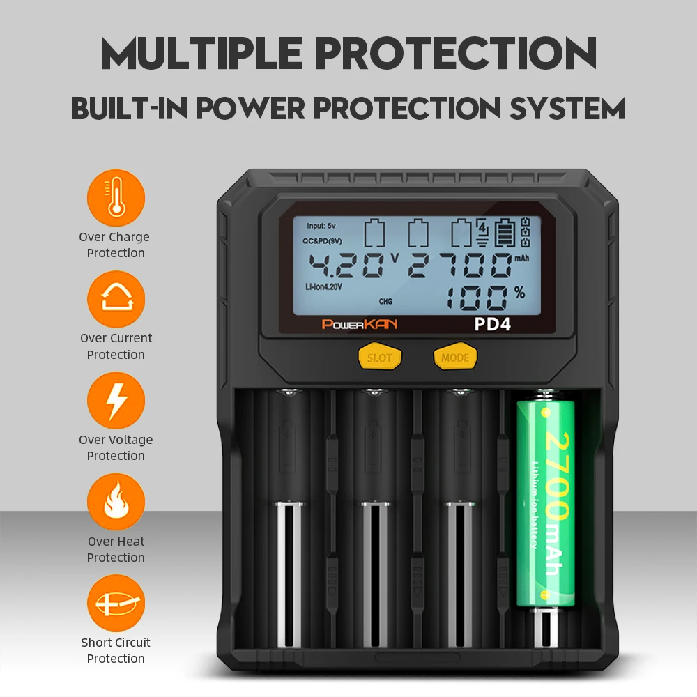 POWERKAN PD4 battery charger, suitable for 18650/26650/21700 /IMR/INR/ICR/3.2VLiFePO4, 1.2V Ni-MH/Ni-CD rechargeable batteries