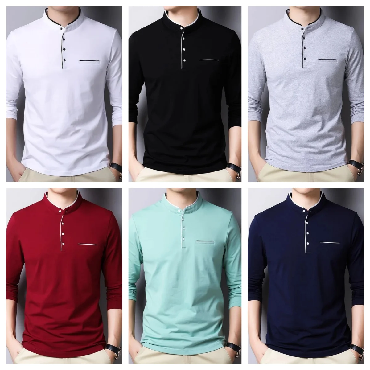 Liseaven T Shirt Men Full Sleeve Mandarin Collar T-Shirts Tops&Tees Men Long Shirt Solid Color Men Clothing